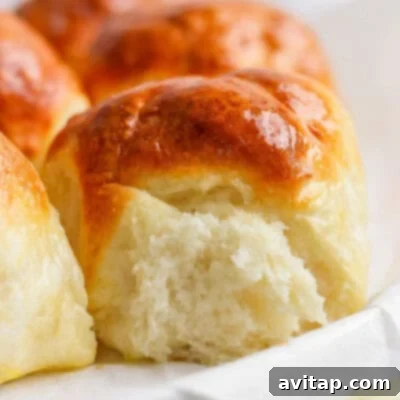 Close-up of freshly baked, golden-brown dinner rolls with a soft, fluffy interior.