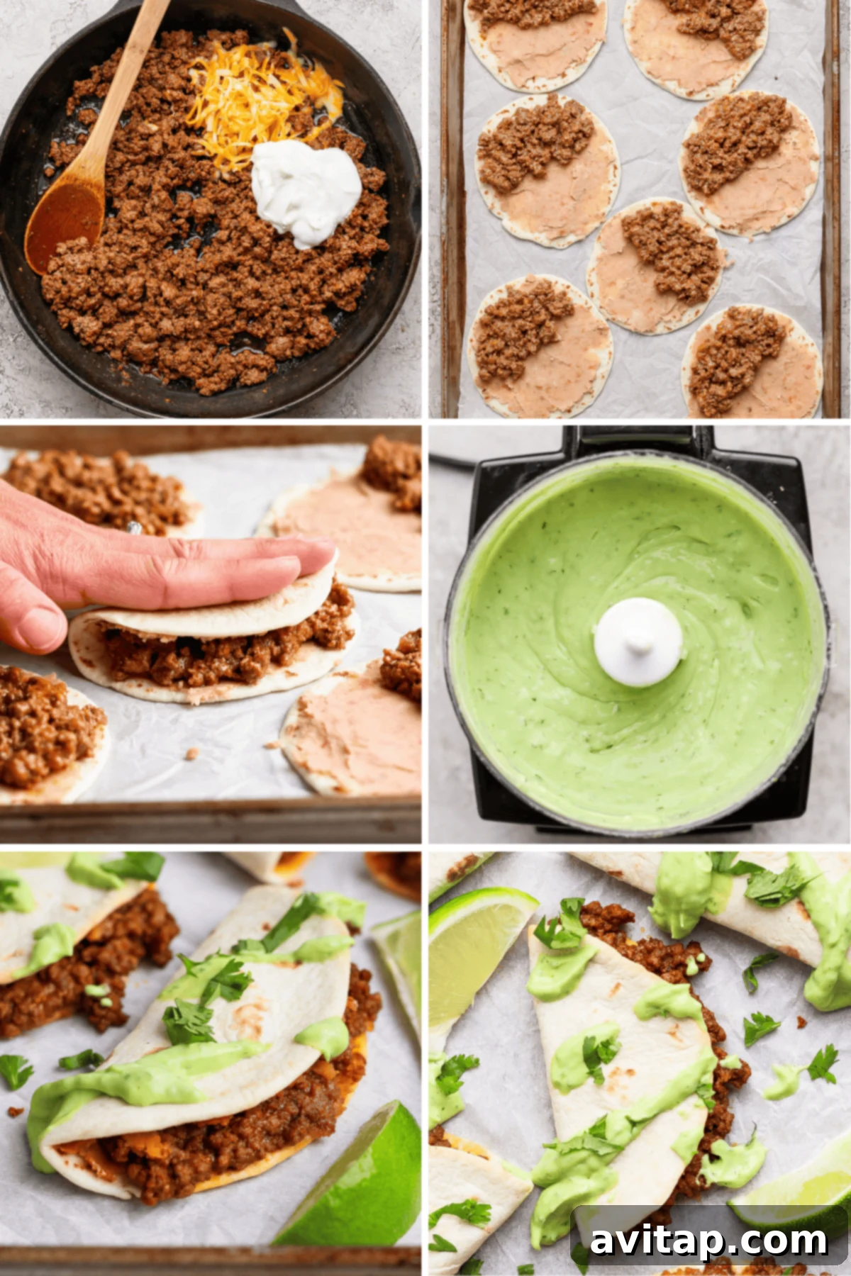Step-by-step process of preparing sheet pan beef tacos: showing cooked ground beef with cheese and Greek yogurt, tortillas spread with refried beans and beef, neatly folded tacos on a parchment-lined baking sheet, and the final crispy tacos garnished with avocado crema, cilantro, and fresh lime wedges.