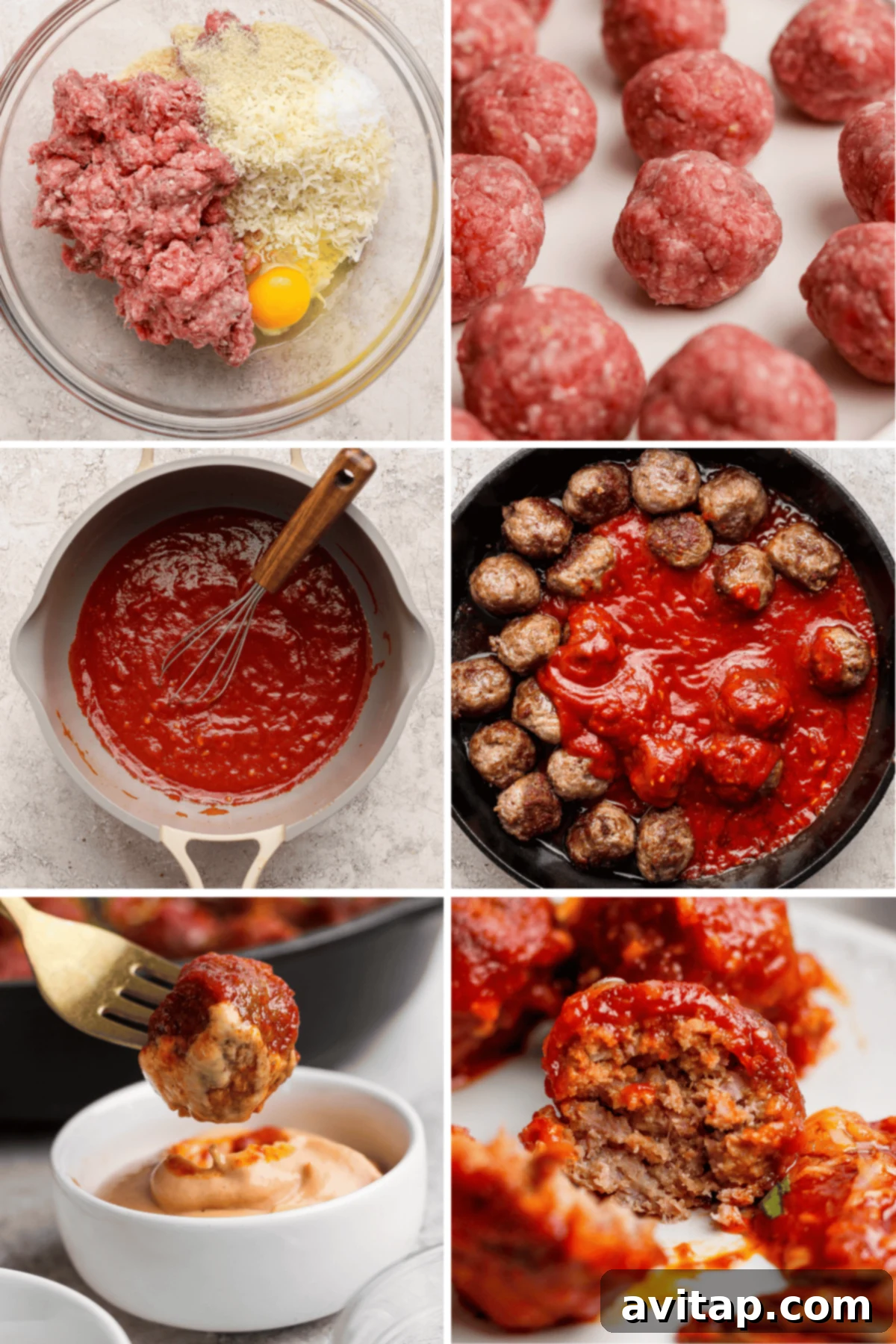 Hearty Sloppy Joe Meatballs 3 A step-by-step photographic collage illustrating the process of making sloppy joe meatballs: showing the raw meatball mixture, perfectly shaped meatballs, sauce ingredients being combined, meatballs simmering in the sauce, a meatball being dipped, and a finished meatball cut open to reveal its tender interior.