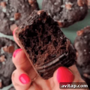 Protein-Packed Kodiak Chocolate Muffins 4 A hand with pink nail polish holds a bitten Kodiak protein muffin, revealing its moist, dense interior; more chocolate muffins are blurred in the background.