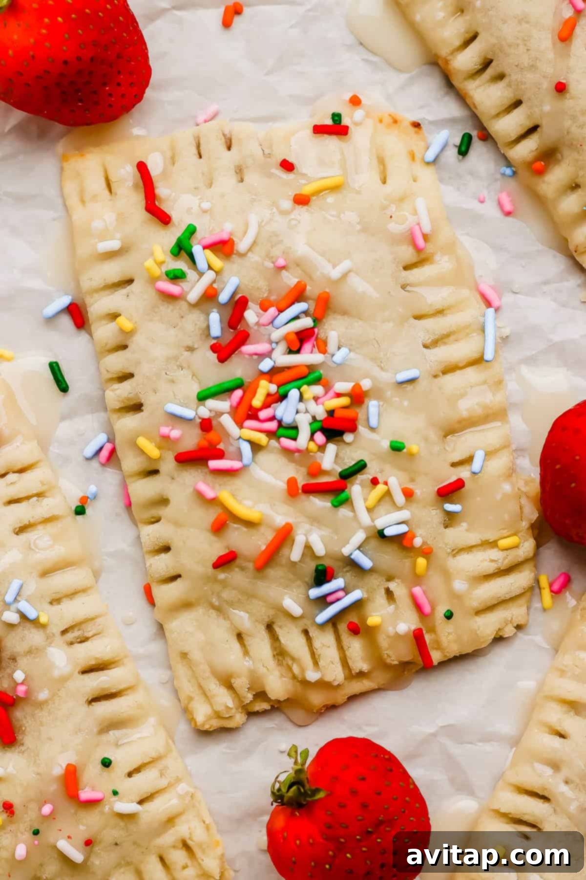 Rectangular pastry with icing and colorful sprinkles, surrounded by fresh strawberries on a sheet of parchment paper.