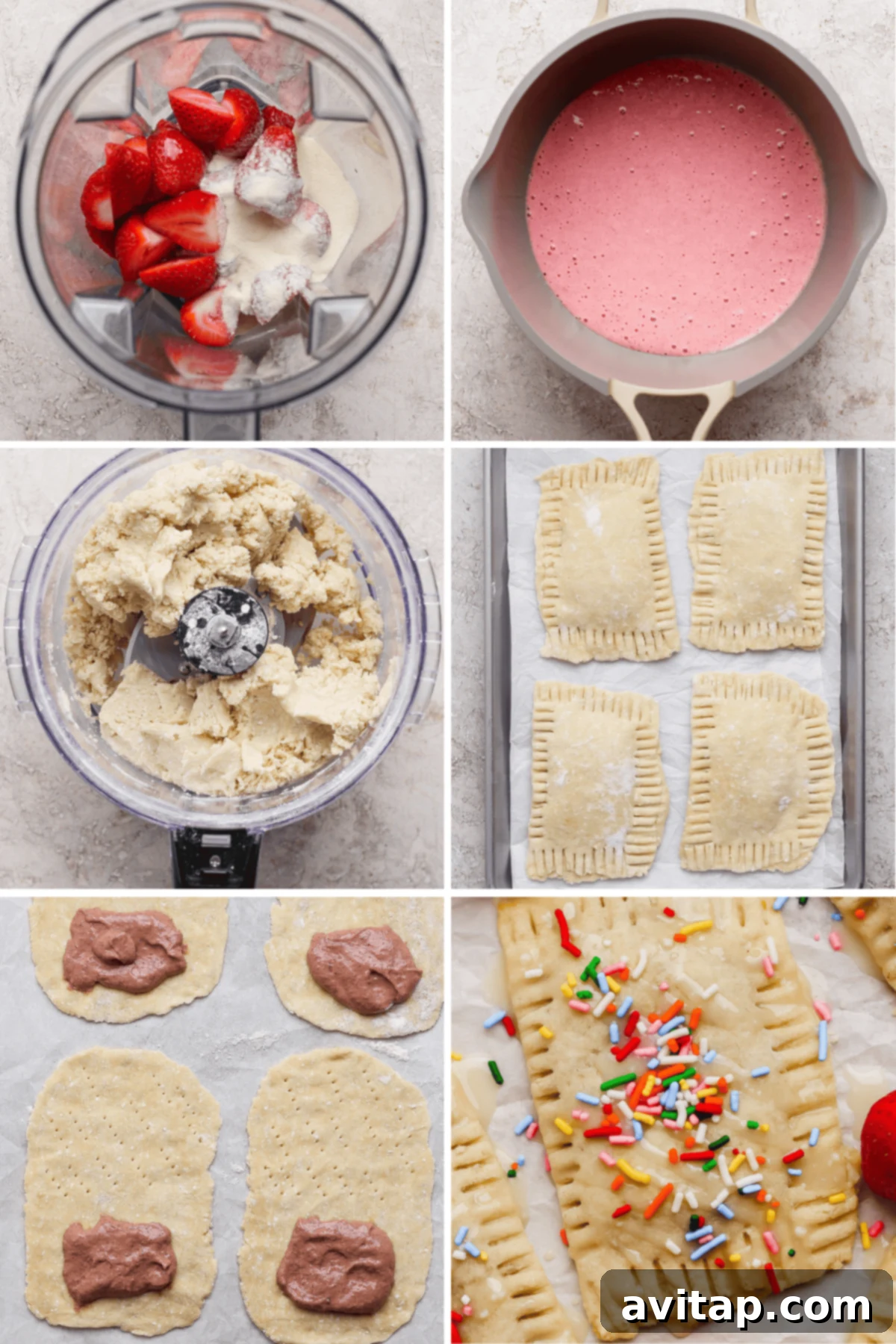A step-by-step collage shows making strawberry pop tarts: blending filling, mixing dough, shaping and filling pastries, sealing edges, baking, and topping with icing and sprinkles.