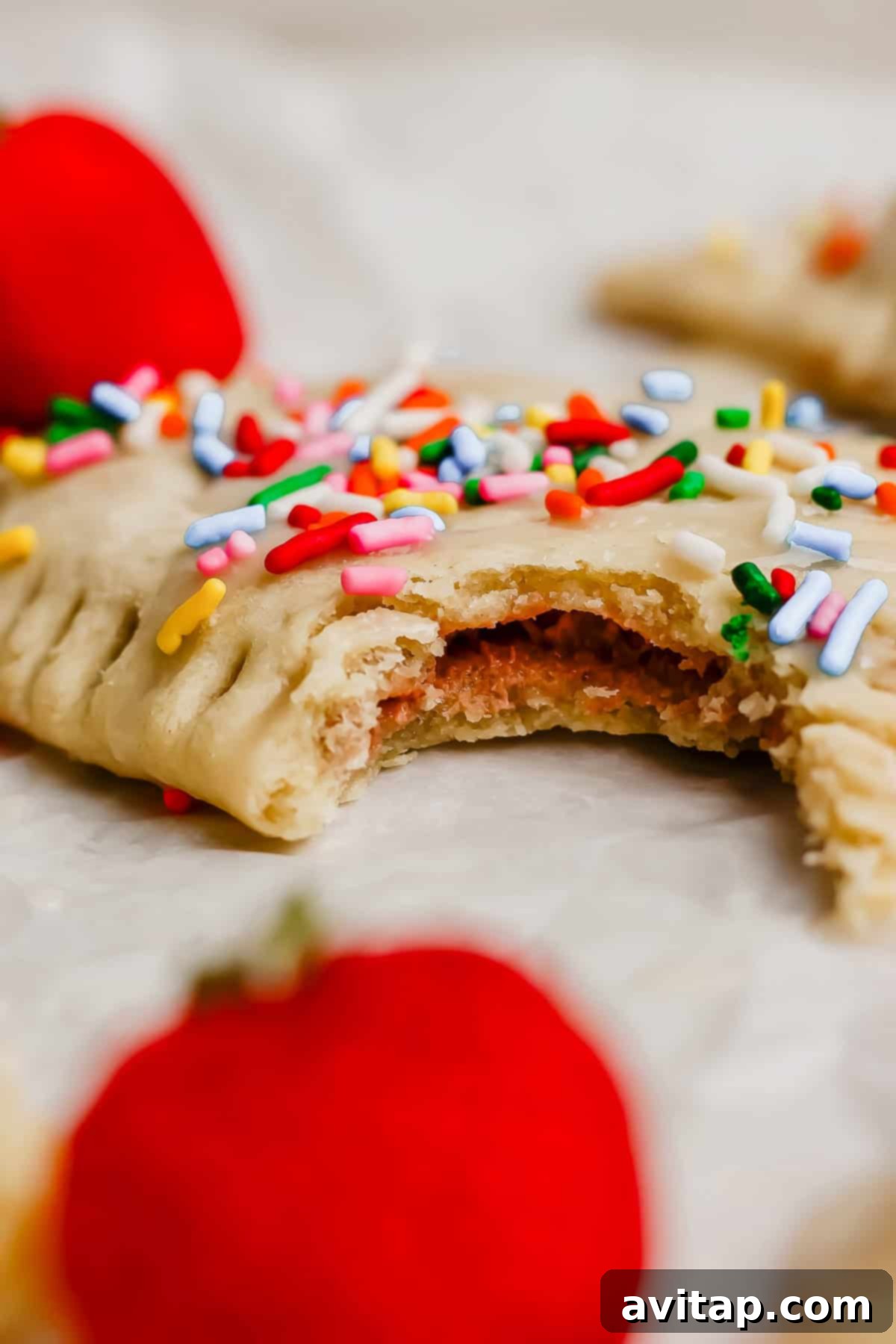 A close-up of a frosted, sprinkle-topped pastry with a bite taken out, showing a strawberry filling. Whole strawberries are also visible in the background.