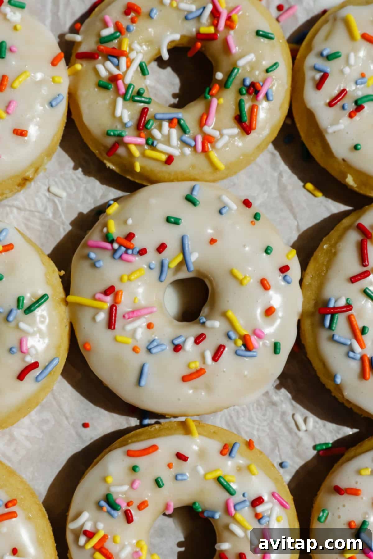 A close-up view of glazed donuts, generously topped with an array of colorful sprinkles, arranged neatly and closely together on a clean, light surface.