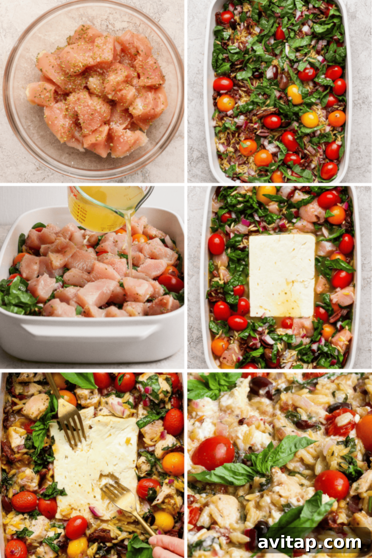 Savory Greek Chicken Orzo Bake 3 Step-by-step images show seasoned chicken, vegetables, feta, and broth in a baking dish, baked together and mixed into a casserole with tomatoes and greens.