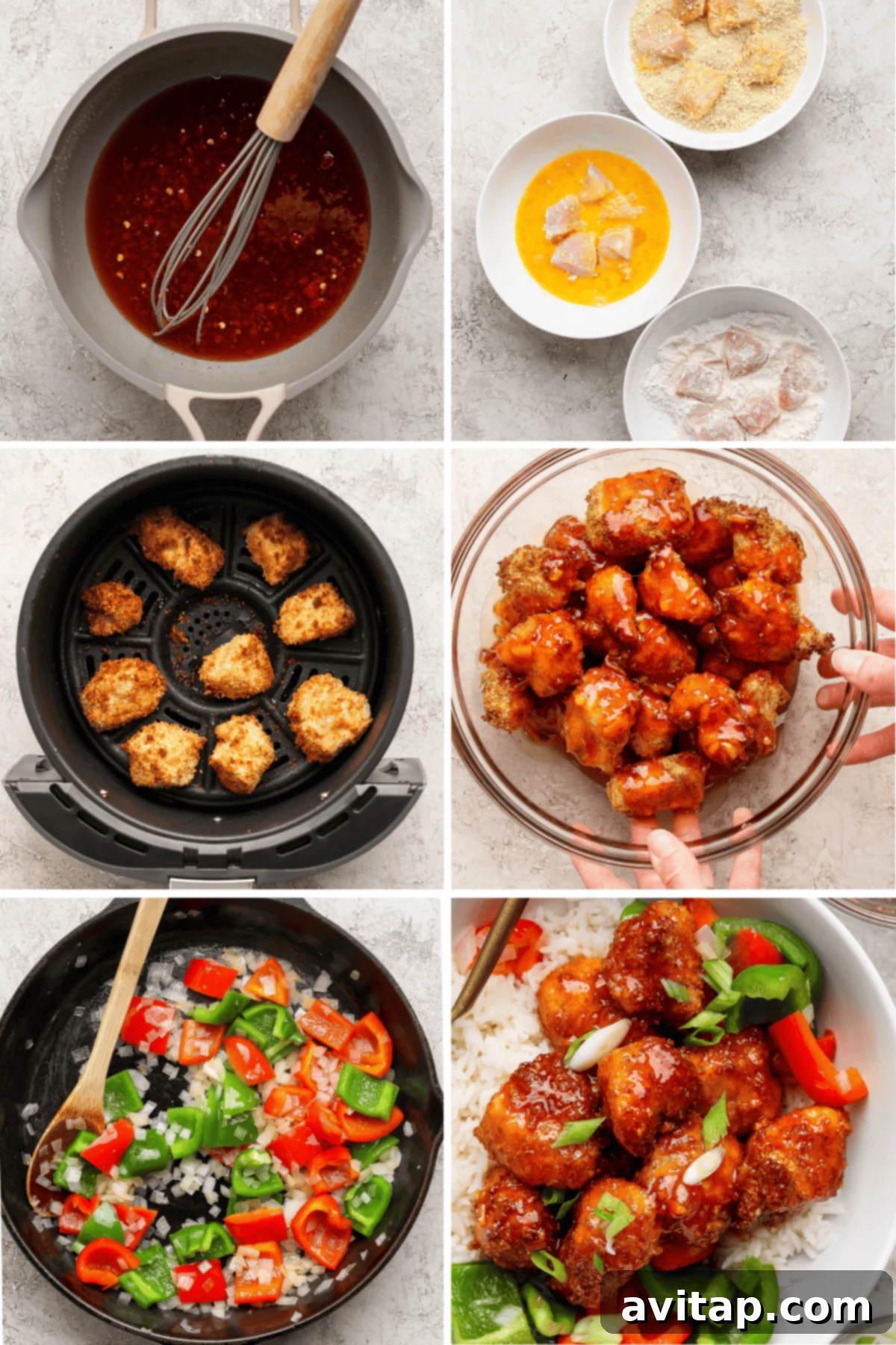A six-step photo collage illustrating the process of making air fryer sweet and sour chicken: breading chicken, air frying, coating with sauce, sautéing colorful bell peppers and onions, and finally serving the completed dish with vegetables over rice.