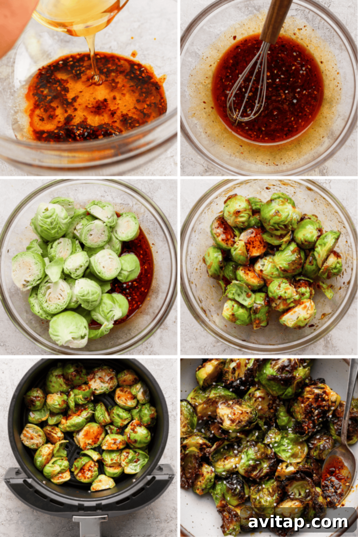 Addictive Chili Crunch Brussels Sprouts 3 A step-by-step visual guide demonstrating the preparation of spicy roasted Brussels sprouts, from whisking the chili crunch sauce and coating the halved sprouts, to the final stage of air frying them to a golden, crispy perfection.