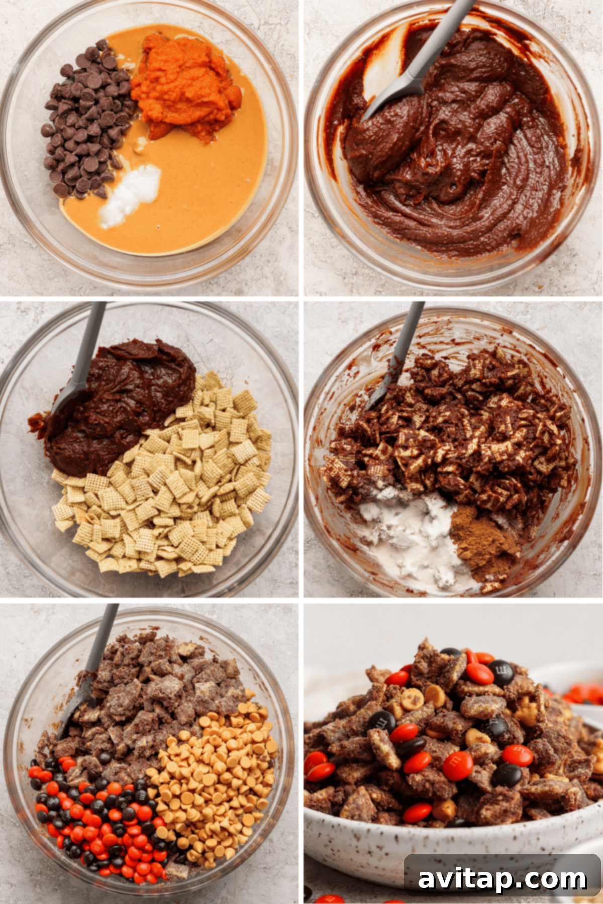 Six distinct images illustrating the sequential steps of preparing a snack mix. The images show mixing ingredients in bowls, coating cereal with chocolate and peanut butter, then tossing with white powder and festive candies, providing a clear visual guide.