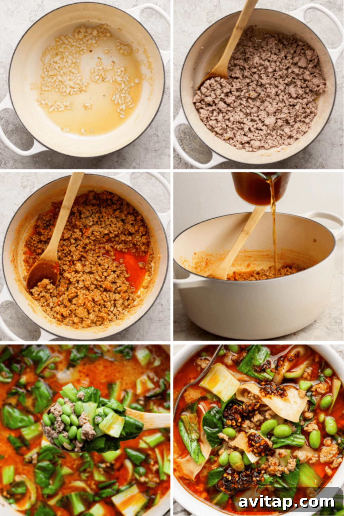 A six-panel image illustrating the cooking process of Thai Coconut Dumpling Soup: sautéing onions and pork, adding curry paste and ginger, pouring broth, and finally simmering with vegetables and wontons.