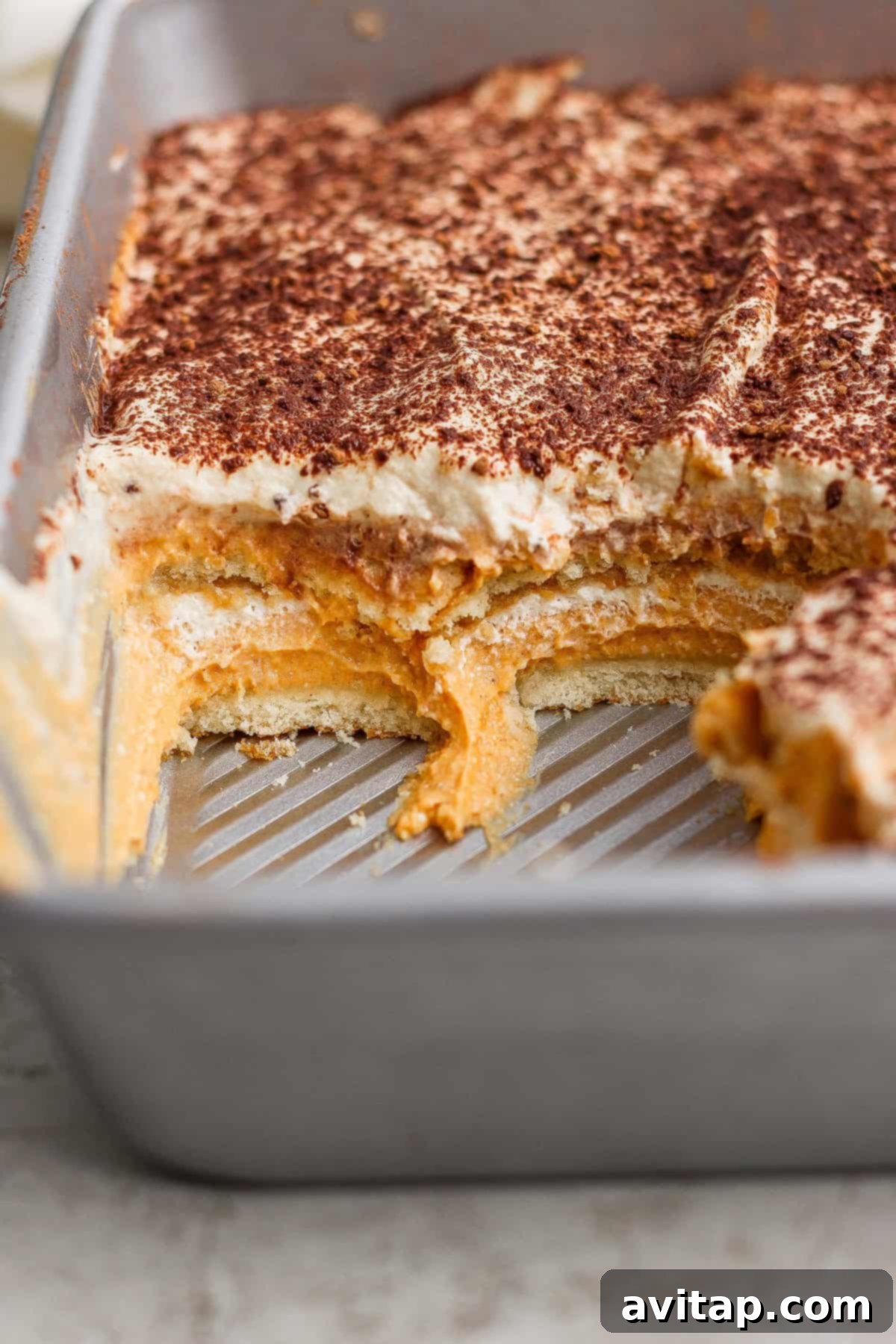A rectangular baking pan containing a layered dessert with a creamy filling and a dusting of cocoa powder, with a serving removed to show the layers.