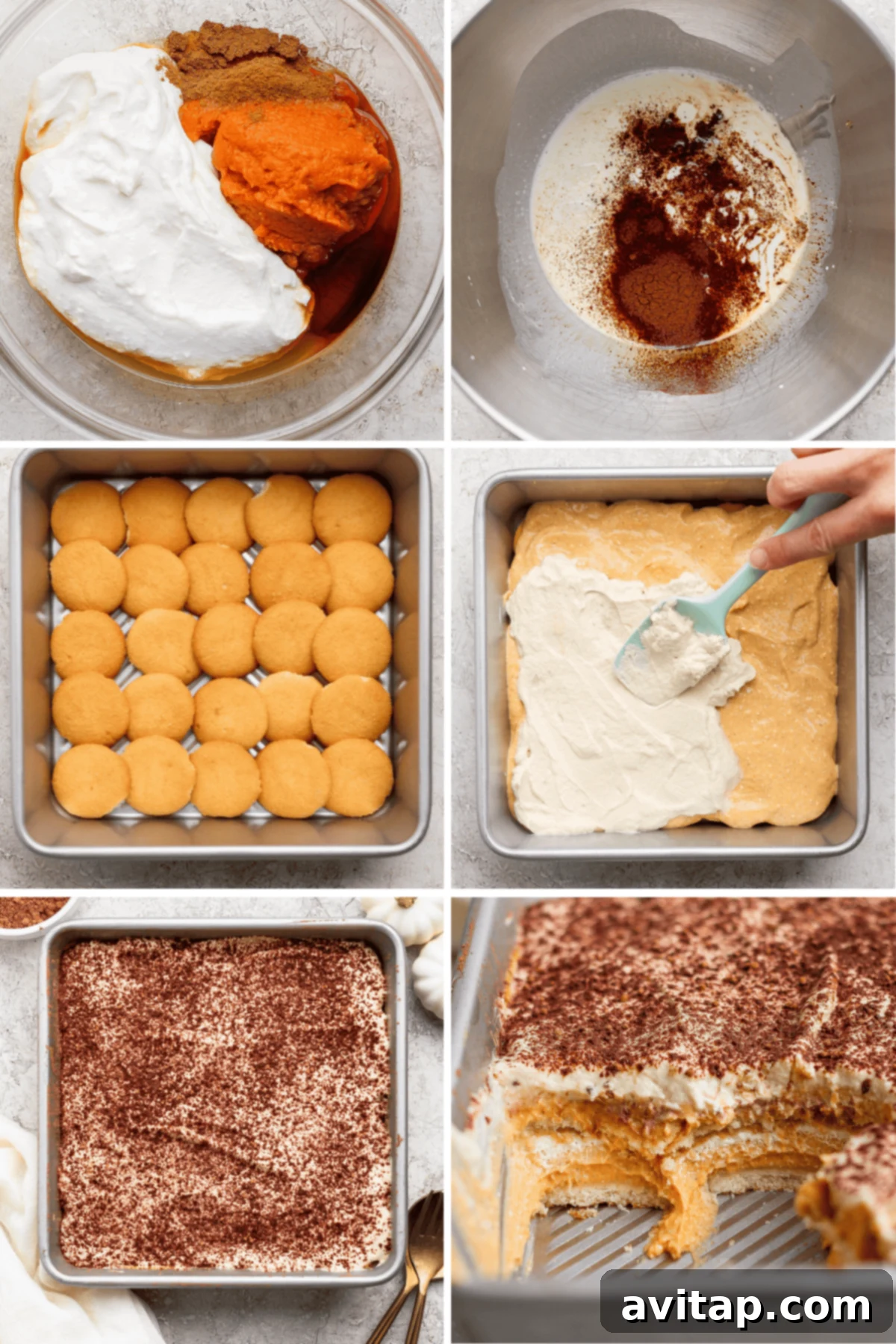Six-panel collage showing the steps to make a layered dessert: mixing ingredients, layering cookies, spreading cream, topping with cocoa, and a sliced final product in a baking dish.
