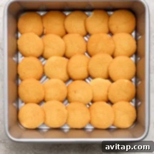A square baking pan filled with a single layer of round vanilla wafer cookies arranged in a grid pattern.