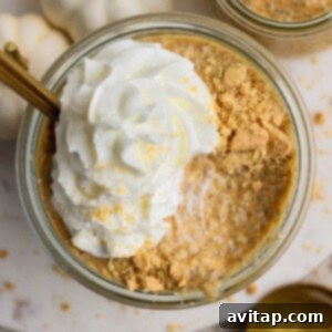 Glass jar filled with pumpkin chia pudding, topped with whipped cream and crushed graham crackers, with a gold spoon and white decorative pumpkins nearby.