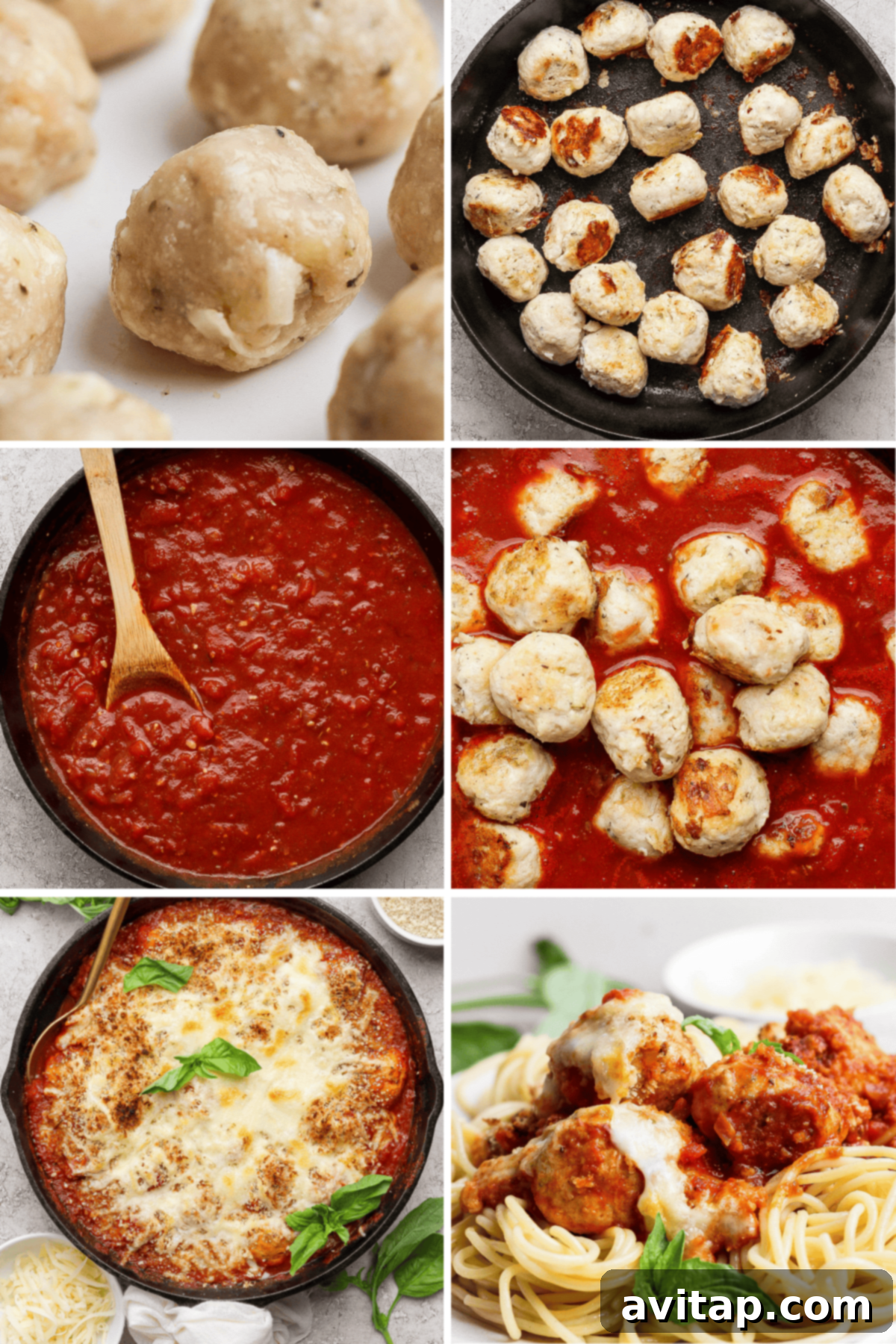 Step-by-step process of making meatballs: shaping raw meatballs, baking them, preparing tomato sauce, combining meatballs with sauce, baking with cheese, and serving over spaghetti.