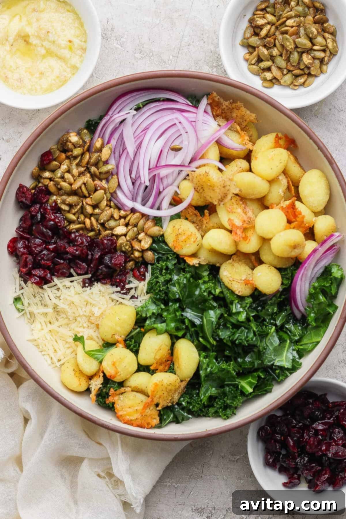 A bowl filled with cooked gnocchi, sliced red onions, kale, grated cheese, dried cranberries, and roasted pepitas, with small bowls of dressing, pepitas, and cranberries on the side.