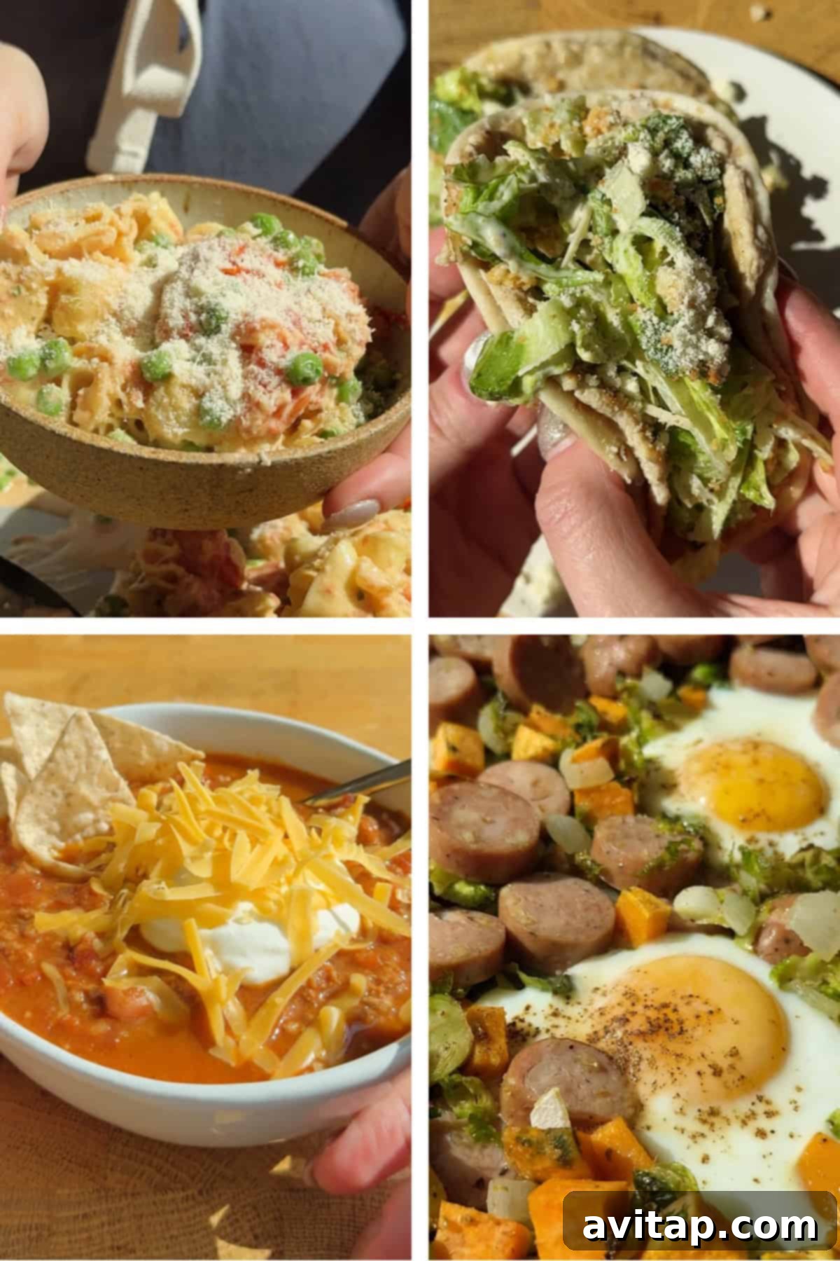 A collage of four vibrant dishes: creamy pasta with peas, a hand holding a delicious stuffed pita, hearty chili with chips and cheese, and a skillet with eggs, sausage, and vegetables, showcasing easy 5-ingredient meal ideas.