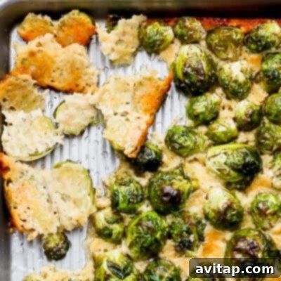 A sturdy sheet pan generously filled with golden-brown roasted Brussels sprouts, visibly coated with a rich layer of melted Parmesan cheese. Some pieces are delightfully crispy and separated from the main cluster, showcasing their perfect texture.