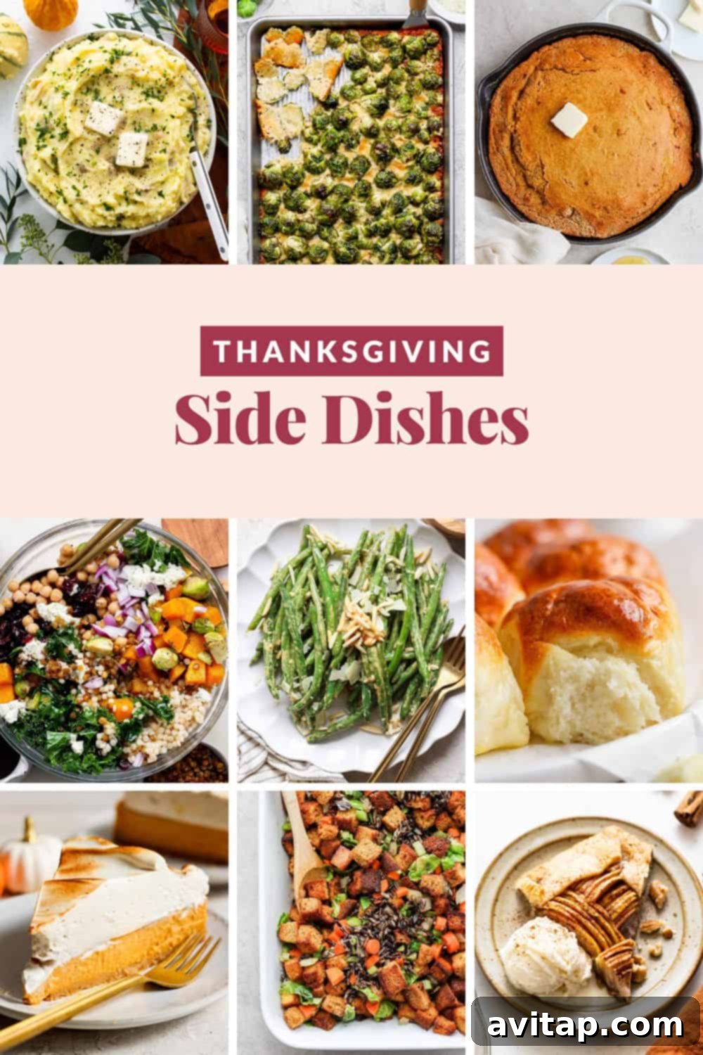 A vibrant collage showcasing a diverse variety of Thanksgiving side dishes, including golden mashed potatoes, colorful roasted vegetables, rustic cornbread, a fresh green salad, savory green beans, fluffy dinner rolls, a delectable pumpkin pie, and a rich sweet potato casserole. Text overlays clearly state "Thanksgiving Side Dishes," inviting readers to explore an abundance of holiday culinary inspiration.