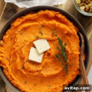 A beautifully presented bowl of fluffy mashed sweet potatoes, delicately garnished with a sprinkle of vibrant fresh herbs, offering a naturally sweet, earthy, and highly comforting side dish that's perfect for any meal.