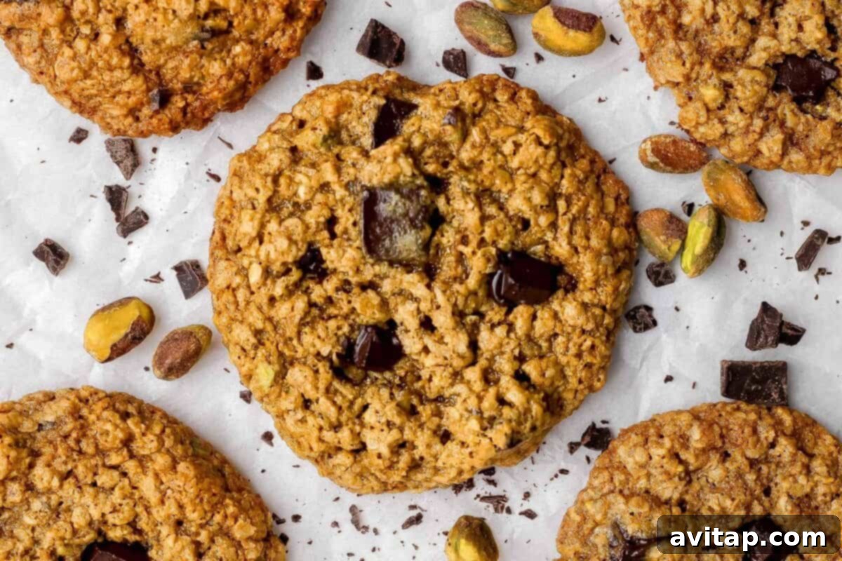 Chocolate Pistachio Dream Cookies 2 Oatmeal cookies with chocolate chunks and pistachios on parchment paper.