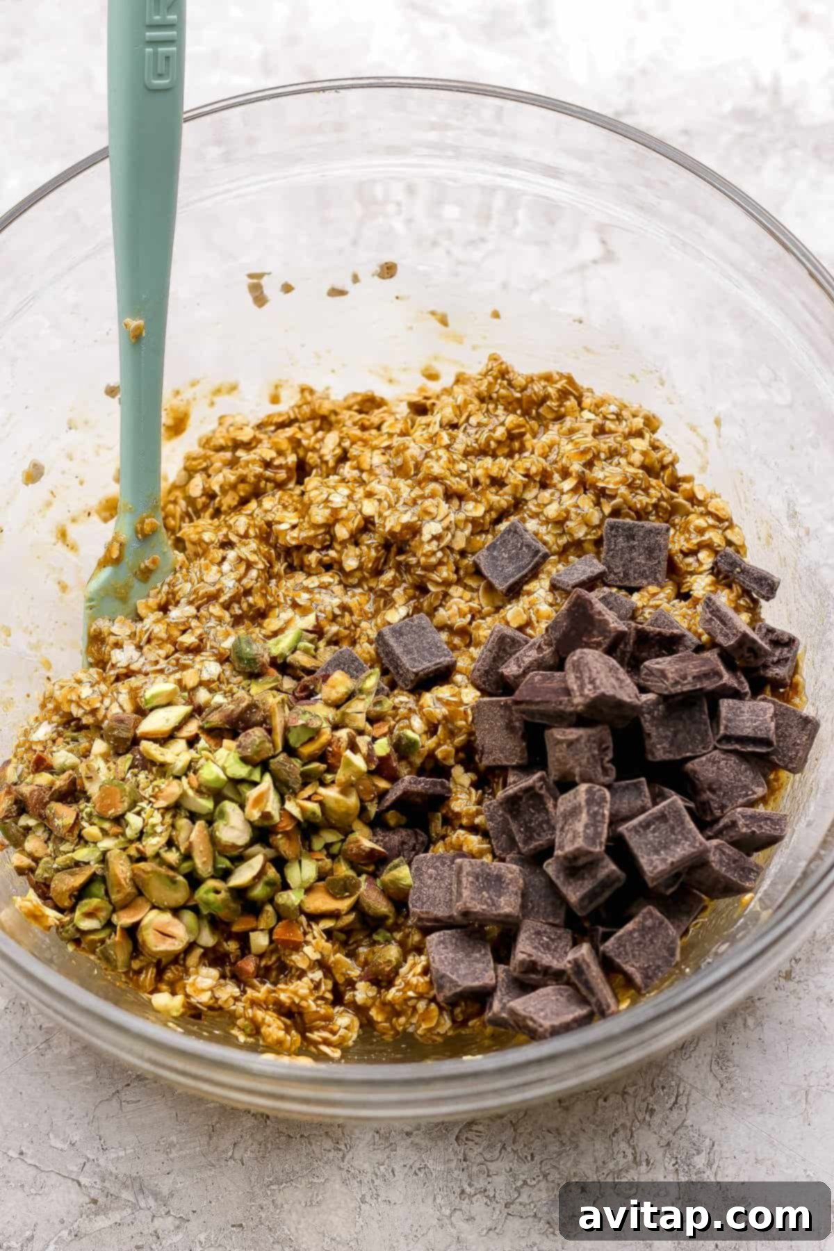 Chocolate Pistachio Dream Cookies 3 Oat mixture with chopped pistachios and dark chocolate chunks.