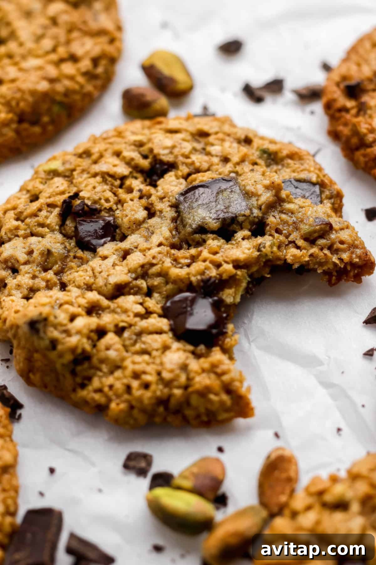 Chocolate Pistachio Dream Cookies 7 Close-up of an oatmeal chocolate chip cookie with a bite taken out.