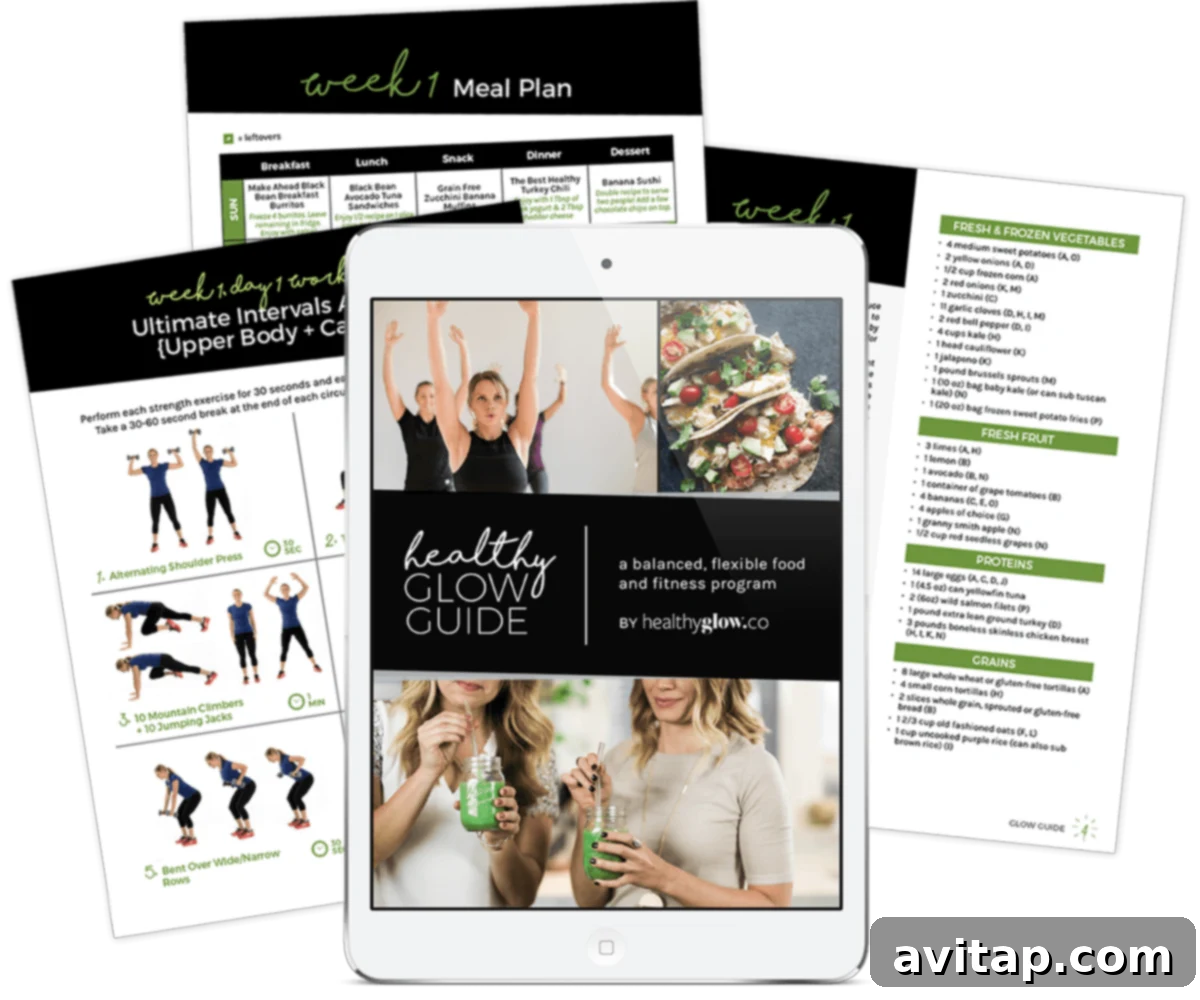 Healthy Glow Guide - a balanced, flexible food and fitness program by The Healthy Glow Collective, promoting sustainable healthy habits.