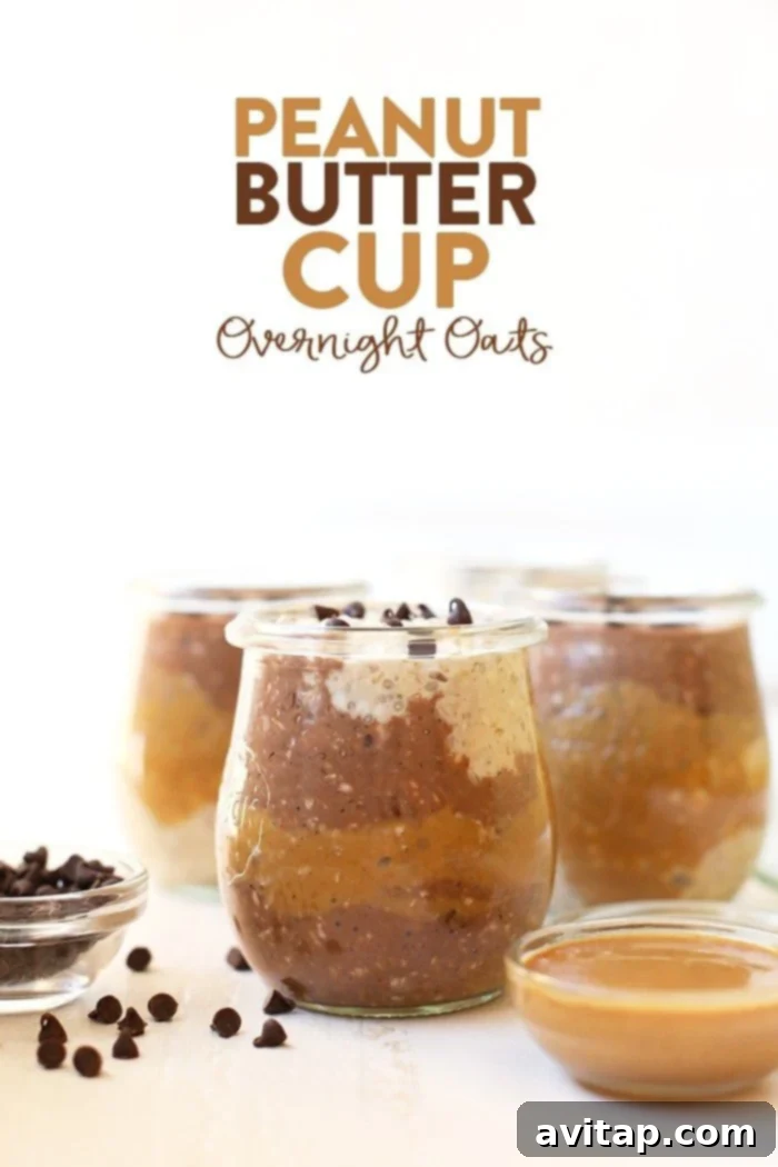 Two jars of layered peanut butter cup overnight oats, ready for a healthy breakfast.