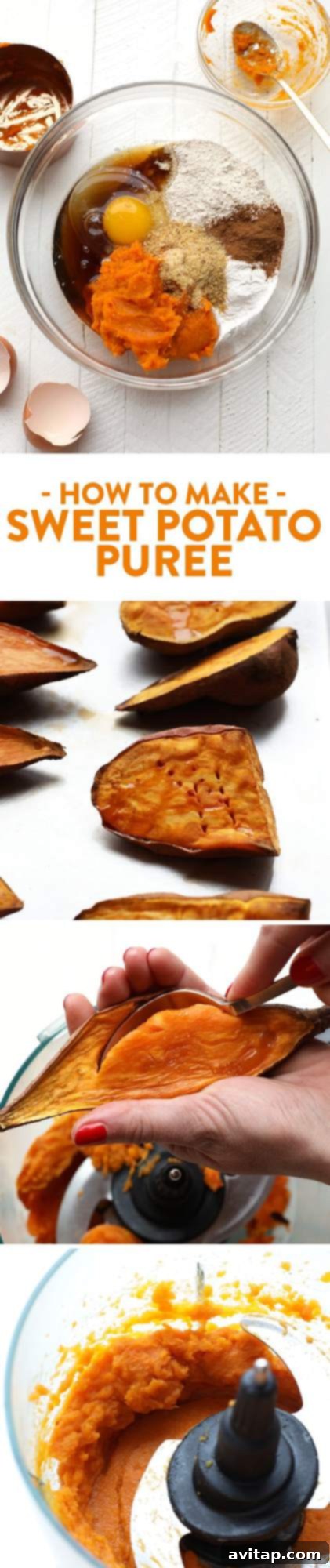 Homemade Sweet Potato Puree in a bowl, ready for various culinary uses, highlighting its smooth texture and vibrant color.