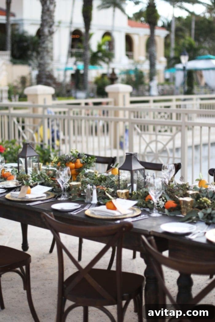 Exquisite orange-inspired dinner table setting at The Ritz-Carlton, Sarasota, during the Tropicana event.
