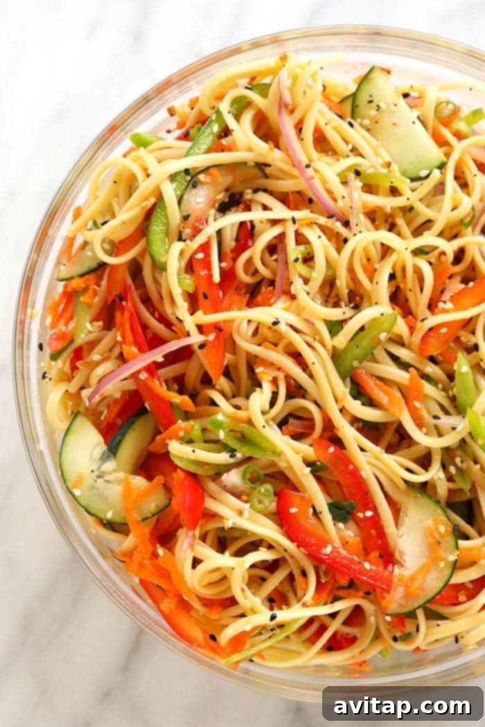 Close-up of a generously portioned Rainbow Sesame Noodle Salad in a bowl, garnished and ready to serve.