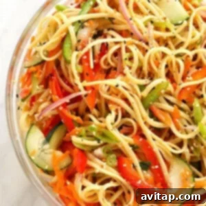 A smaller image of the finished Rainbow Sesame Noodle Salad in a bowl.