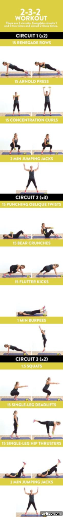 Grab a pair of dumbbells and do the 2-3-2 Workout for a 45-minute, circuit-based strength workout that incorporates bursts of cardio.
