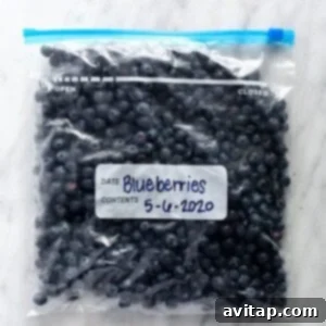 A bag of frozen blueberries, ideal for long-term storage.