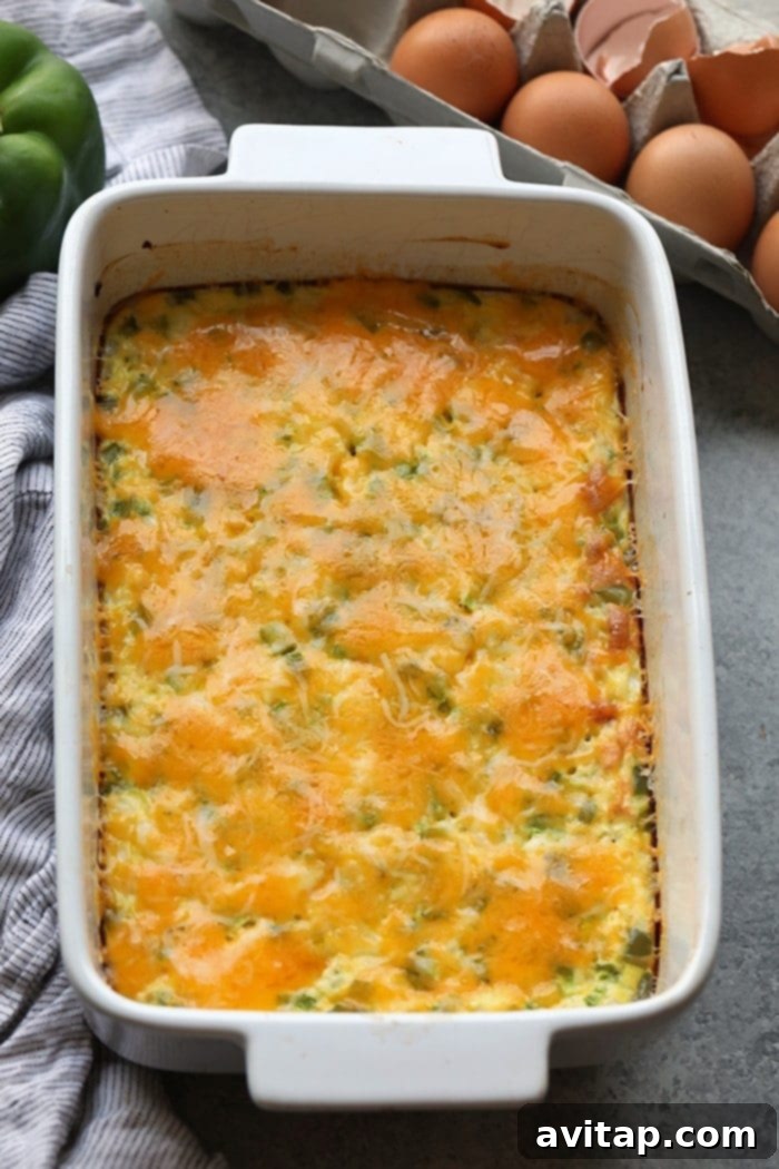 Denver Omelet Casserole 5 A freshly baked Denver Omelette Egg Bake, ready for serving with a garnish of fresh parsley.