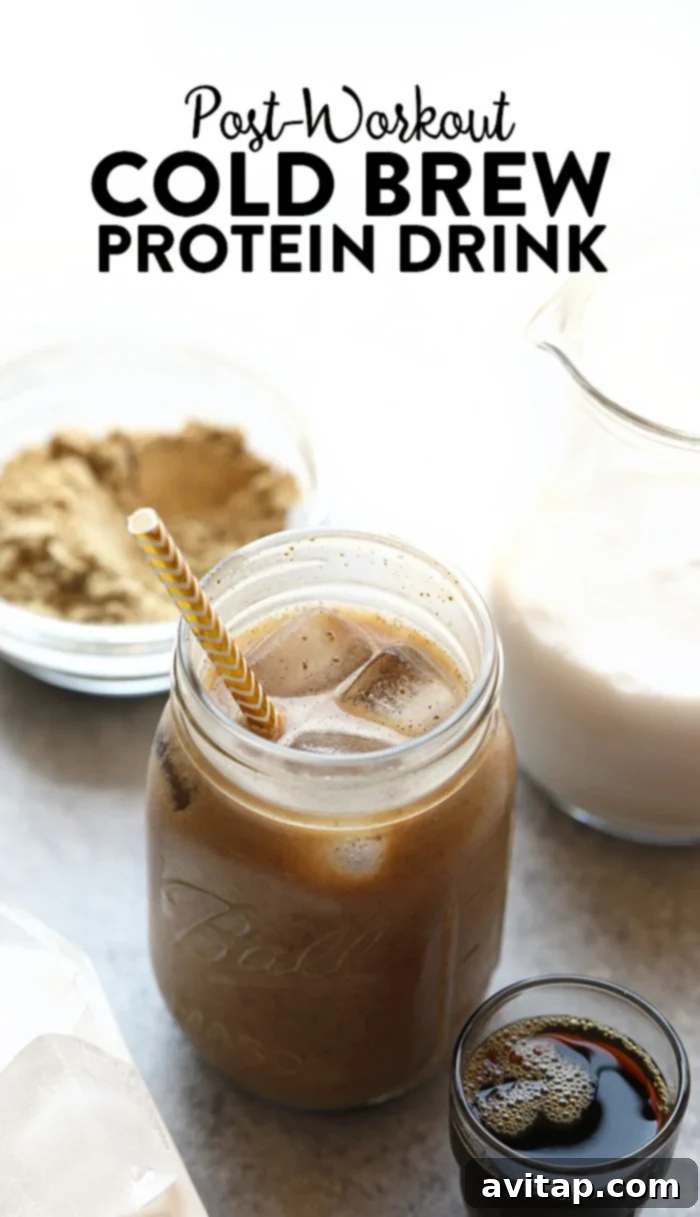A refreshing cold brew protein drink in a mason jar, perfect for post-workout recovery or a morning energy boost.