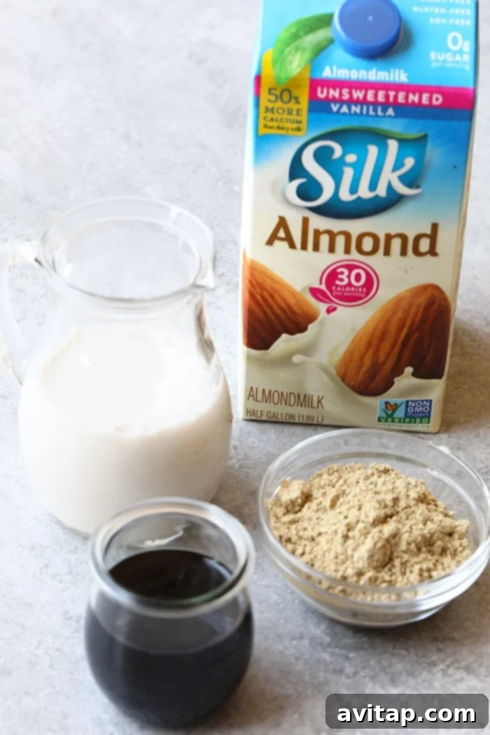 Three simple ingredients are all you need for the best post-workout cold brew protein drink: cold brew, unsweetened almond milk, and protein powder.