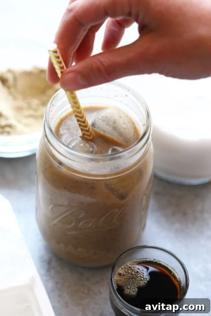 A refreshing post-workout cold brew protein drink with cold brew, almond milk, and protein powder.