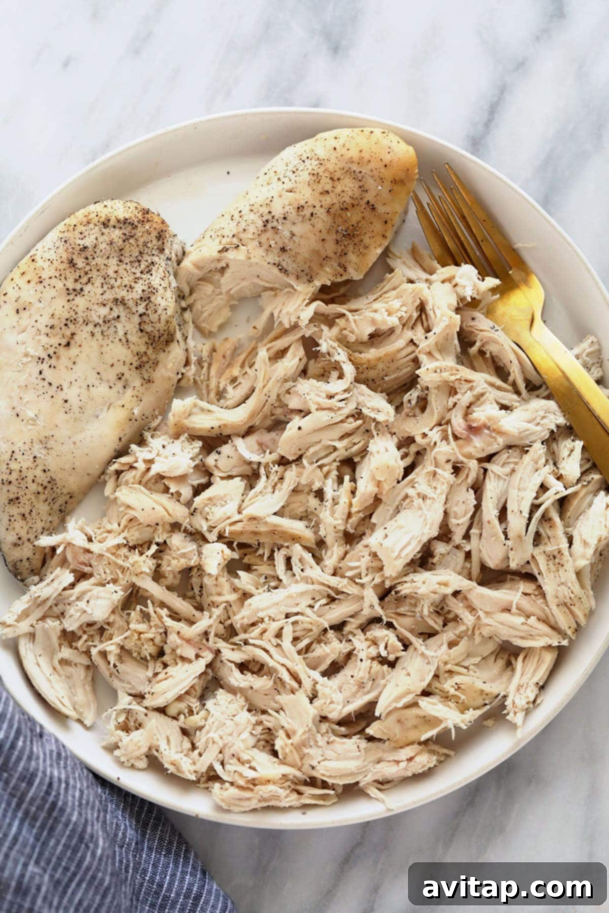 A plate of perfectly shredded chicken, seasoned and ready for various dishes.