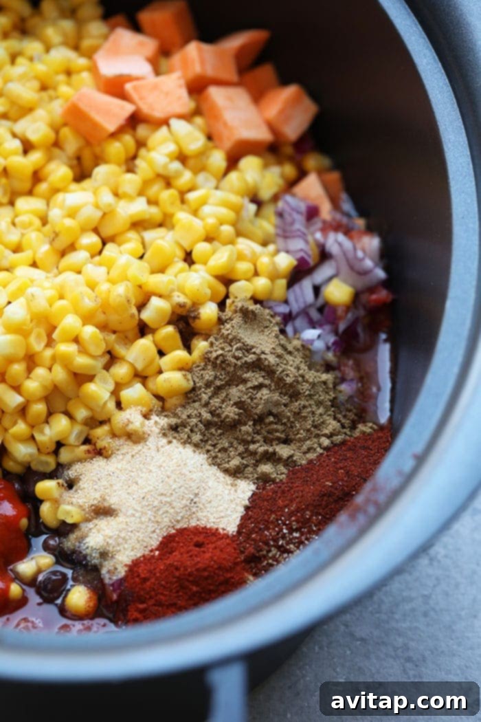 Mexican quinoa ingredients, uncooked, in slow cooker