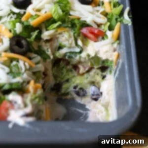 Healthy Mexican chicken dip in a baking dish.