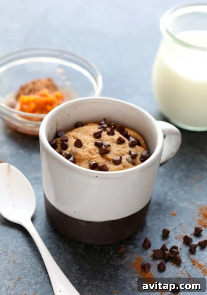 Wholesome Pumpkin Spice Mug Cake 2 Delicious and healthy pumpkin mug cake with a rich chocolate pumpkin frosting, perfect for a single serving fall treat.