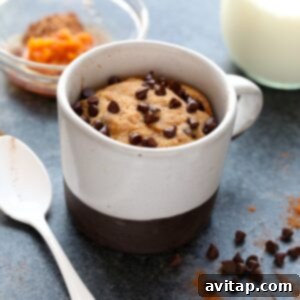 Healthy chocolate chip oatmeal pumpkin mug cake.