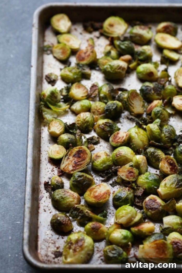 These roasted Brussel sprouts with parmesan are a great side dish staple for any time of year! All you need are 6 ingredients in order to make these crunchy, cheesy bites of heaven. Brussels sprouts spread out evenly on a parchment-lined baking sheet, ready for roasting.