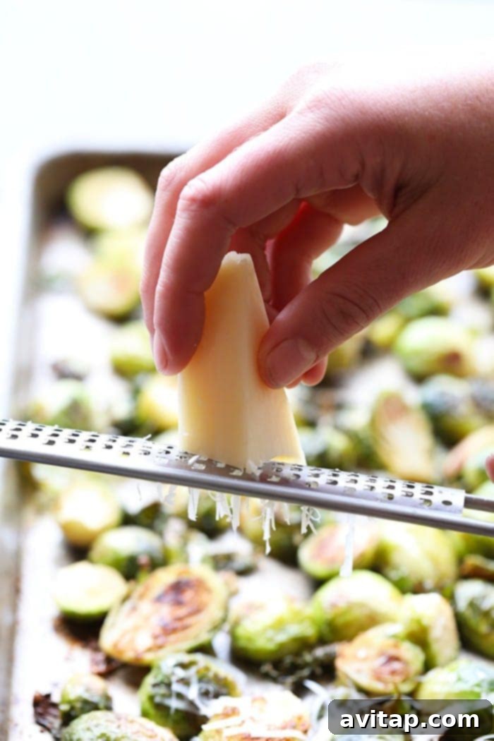 These roasted Brussel sprouts with parmesan are a great side dish staple for any time of year! All you need are 6 ingredients in order to make these crunchy, cheesy bites of heaven. Hand grating fresh Parmesan cheese directly onto hot, roasted Brussels sprouts on a baking sheet.