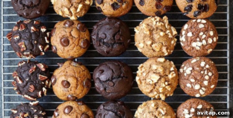 6 different muffins on wire rack.