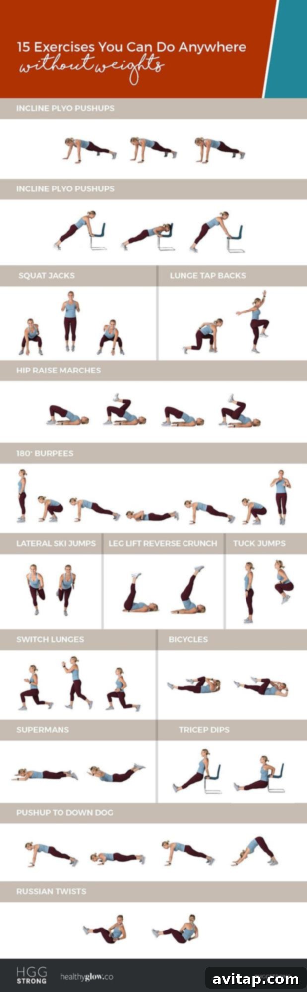 Transform your fitness journey with 15 strength-based bodyweight exercises from the HGG STRONG program, designed for all fitness levels to build strength anywhere.