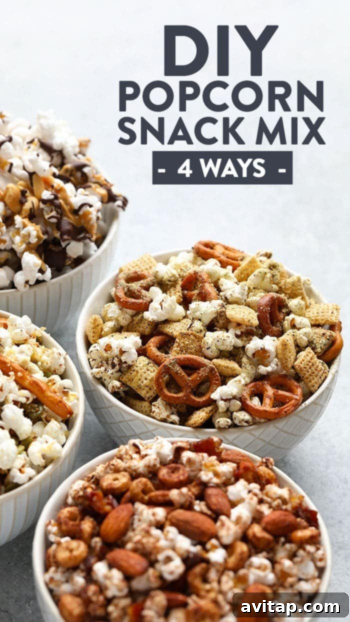 Four different popcorn snack mixes in various bowls, showcasing their diverse ingredients and vibrant appeal.