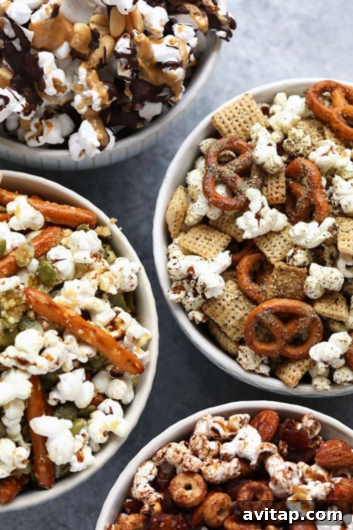Close-up of four finished popcorn snack mixes presented beautifully in individual serving bowls.