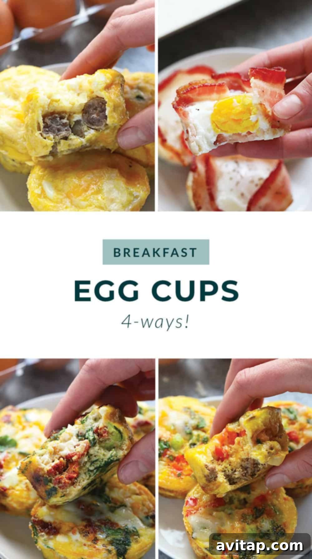 Four different types of breakfast egg cups held in hands, showcasing their variety and appeal for meal prep.